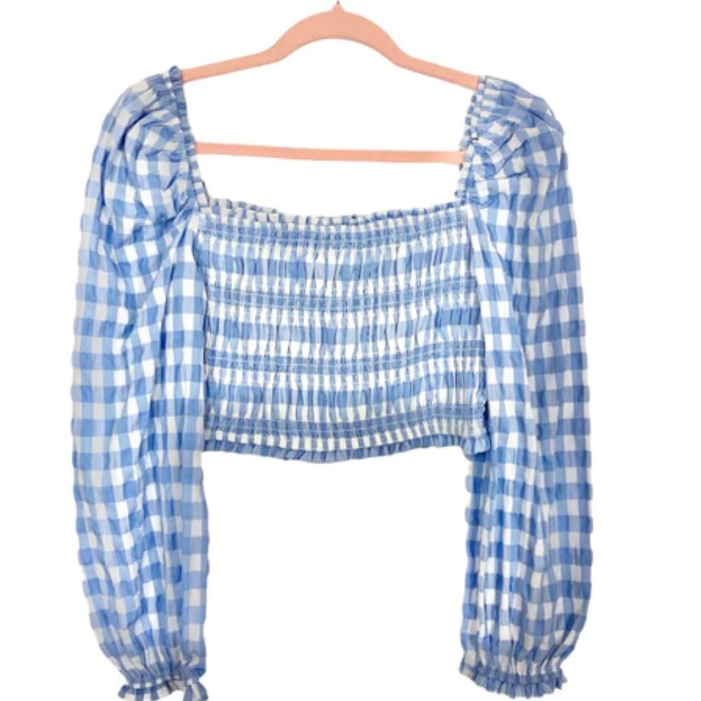 STORIA BLUE AND WHITE GINGHAM SMOCKED TOP - SIZE L